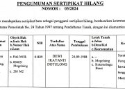 Pengumuman Sertifikat Hilang Pemohon Ika Yanti Dotulong