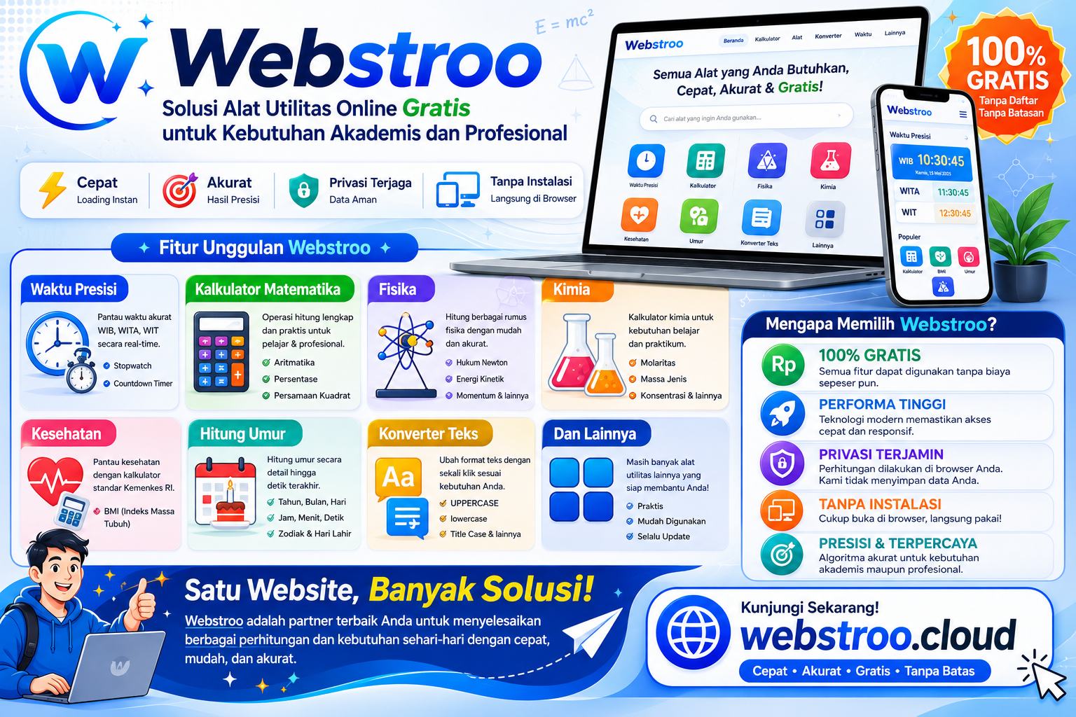 Webstroo hadir sebagai platform utilitas online gratis yang menyediakan berbagai alat bantu perhitungan dan konversi dalam satu tempat. Dengan konsep ringan, cepat, dan aman, Webstroo dirancang agar dapat digunakan kapan saja melalui komputer, laptop, maupun smartphone hanya menggunakan browser. Platform ini mengusung pendekatan modern dengan fokus pada performa tinggi, kemudahan penggunaan, dan pengalaman pengguna yang sederhana.